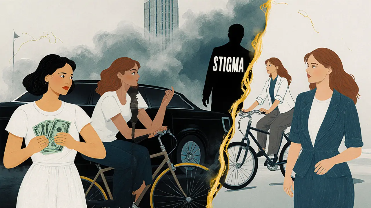 A fractured mirror shows four versions of a woman, connected by a golden thread of self-worth.