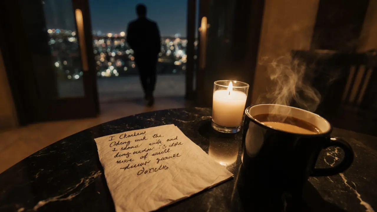 A handwritten note and coffee cup rest on marble, as a silhouette walks away from a luxury apartment at night.
