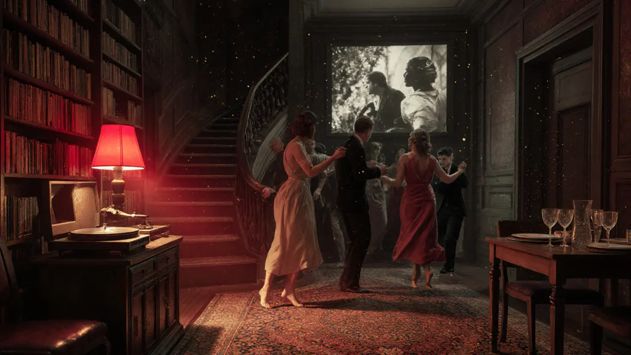 A hidden party in a villa with barefoot dancers, vintage films projected on walls, and a single red lantern.