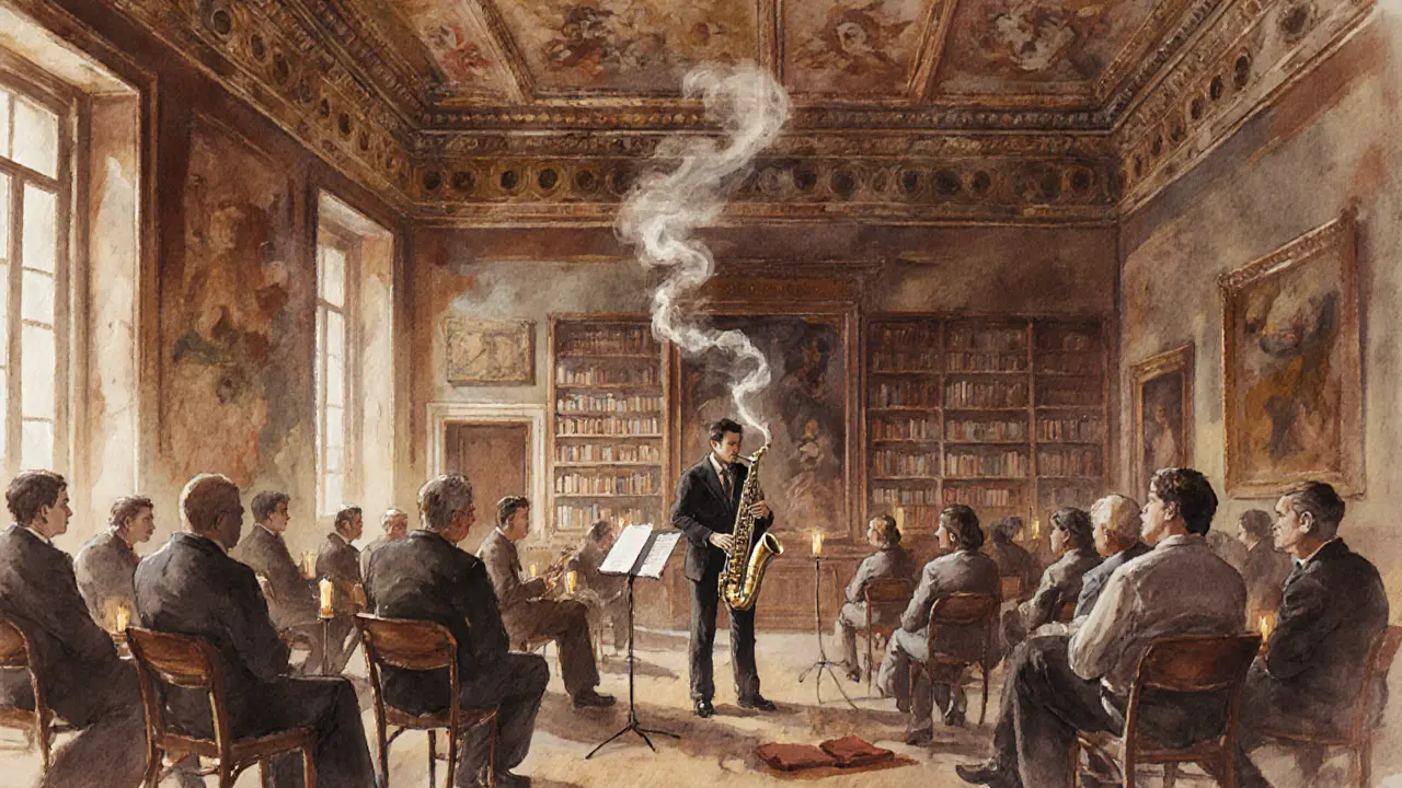 A jazz musician playing saxophone in a candlelit historic hall, small audience listening quietly in Brera.