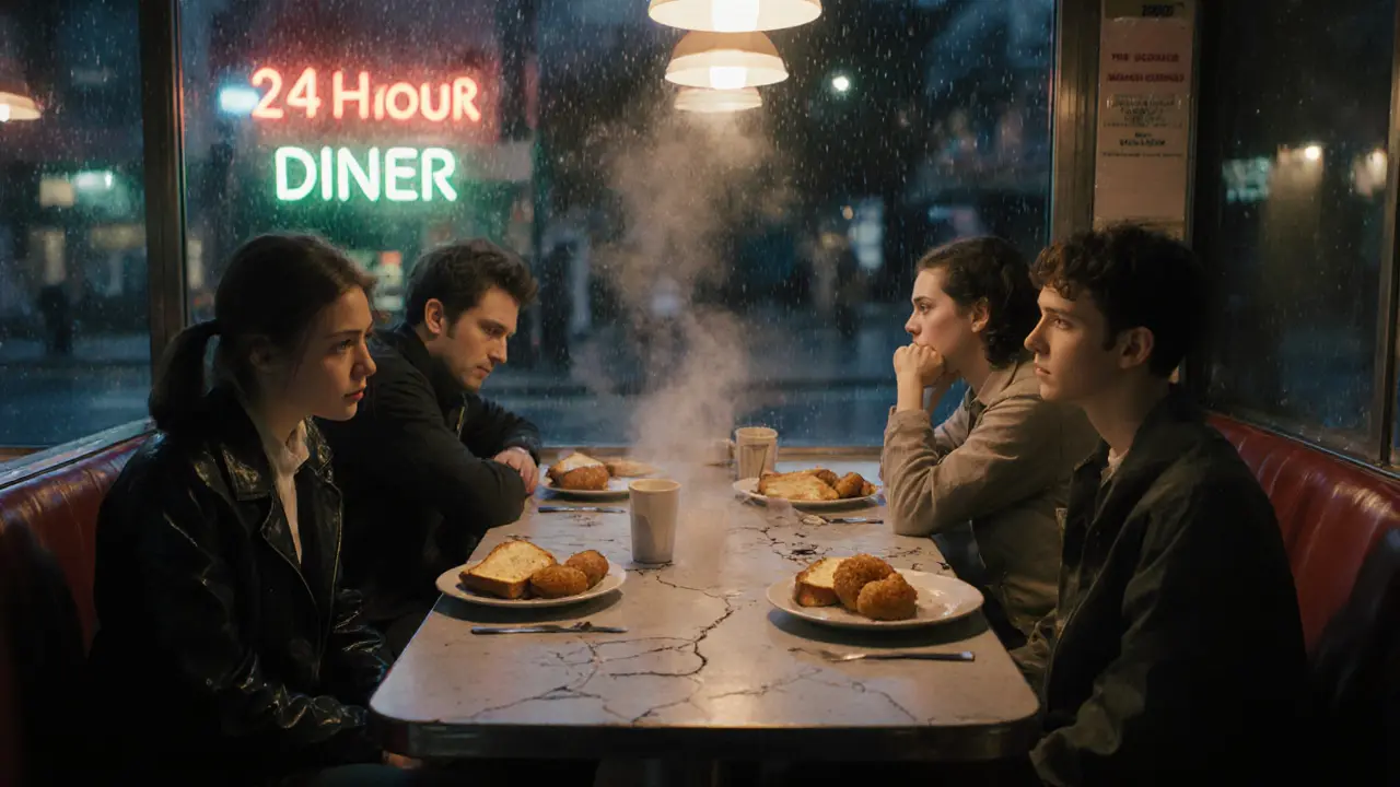 A lone diner at 3 a.m. with patrons eating quietly under warm neon lights.