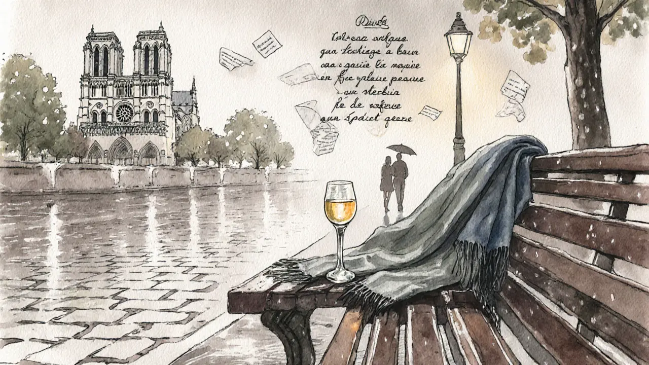 A lonely scarf and wine glass on a bench near Notre-Dame under soft evening light.