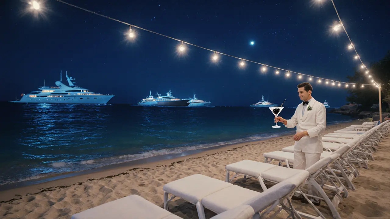 A luxurious beach club at night with white loungers, moonlit waves, and guests sipping caviar martinis.