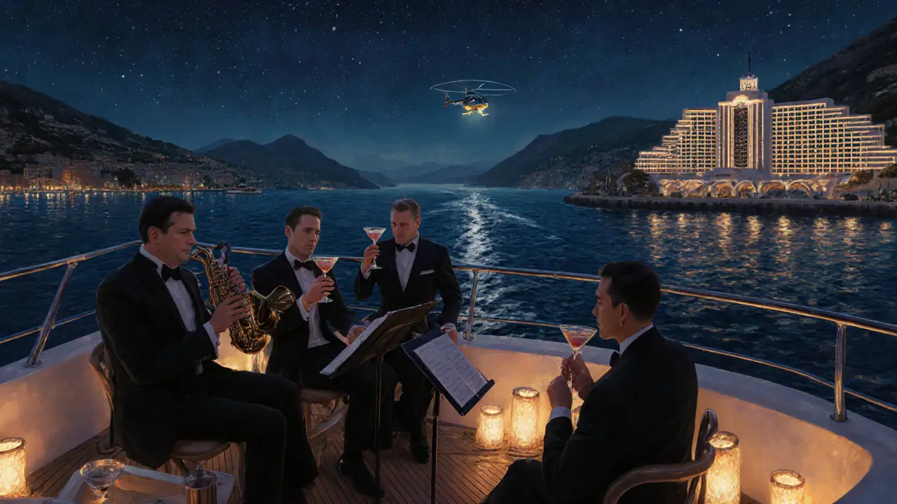 A luxury yacht at night with jazz musicians playing softly under stars, guests in formal attire.
