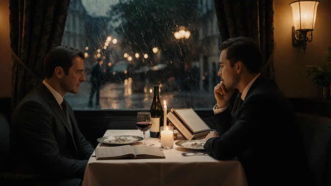 A man and client in formal attire having a quiet conversation over wine in a luxury restaurant.