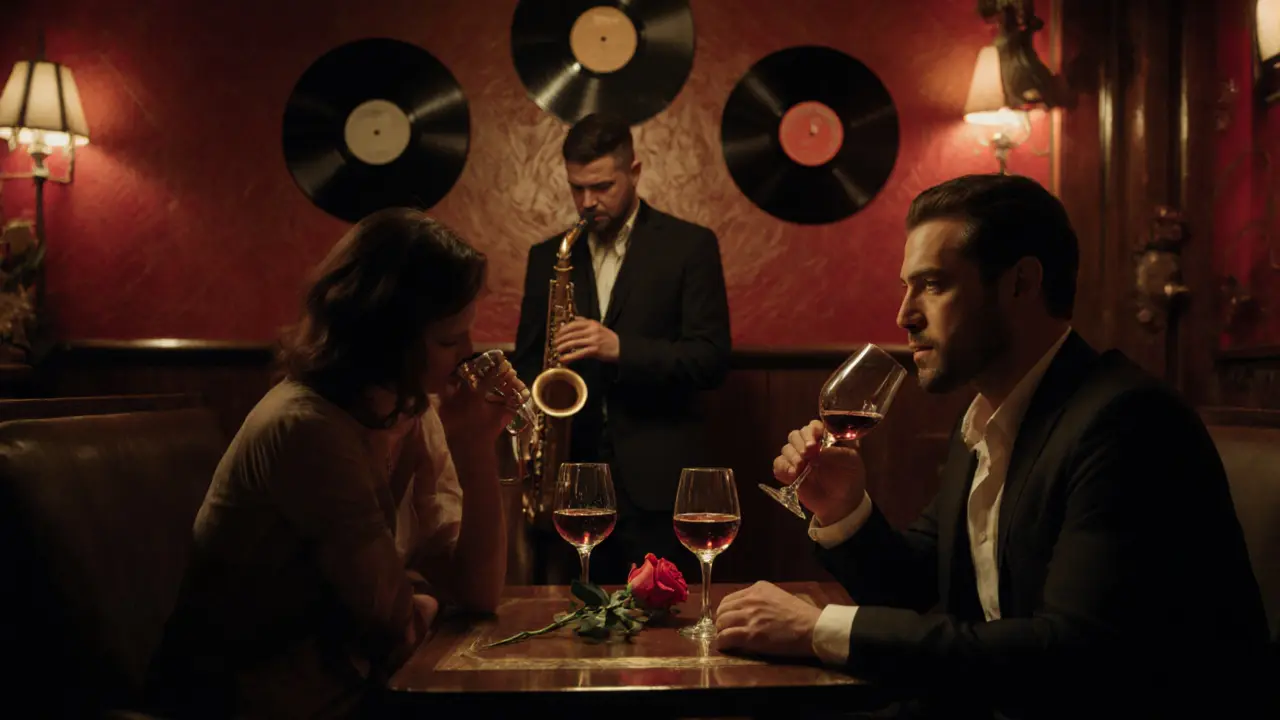 A man and woman enjoying live jazz in a cozy Soho bar with soft lighting and a rose on the table.