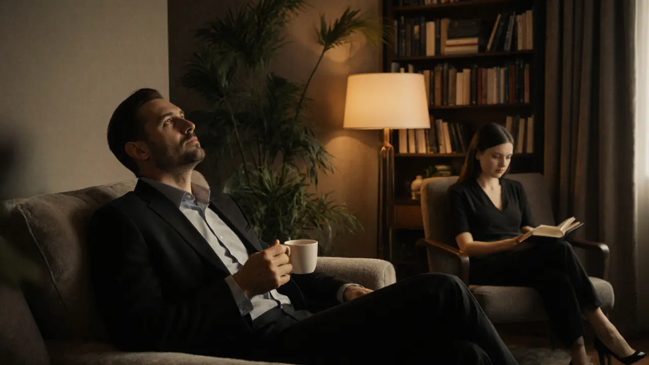 A man relaxing in a cozy lounge, a woman reading quietly beside him in warm, natural light.