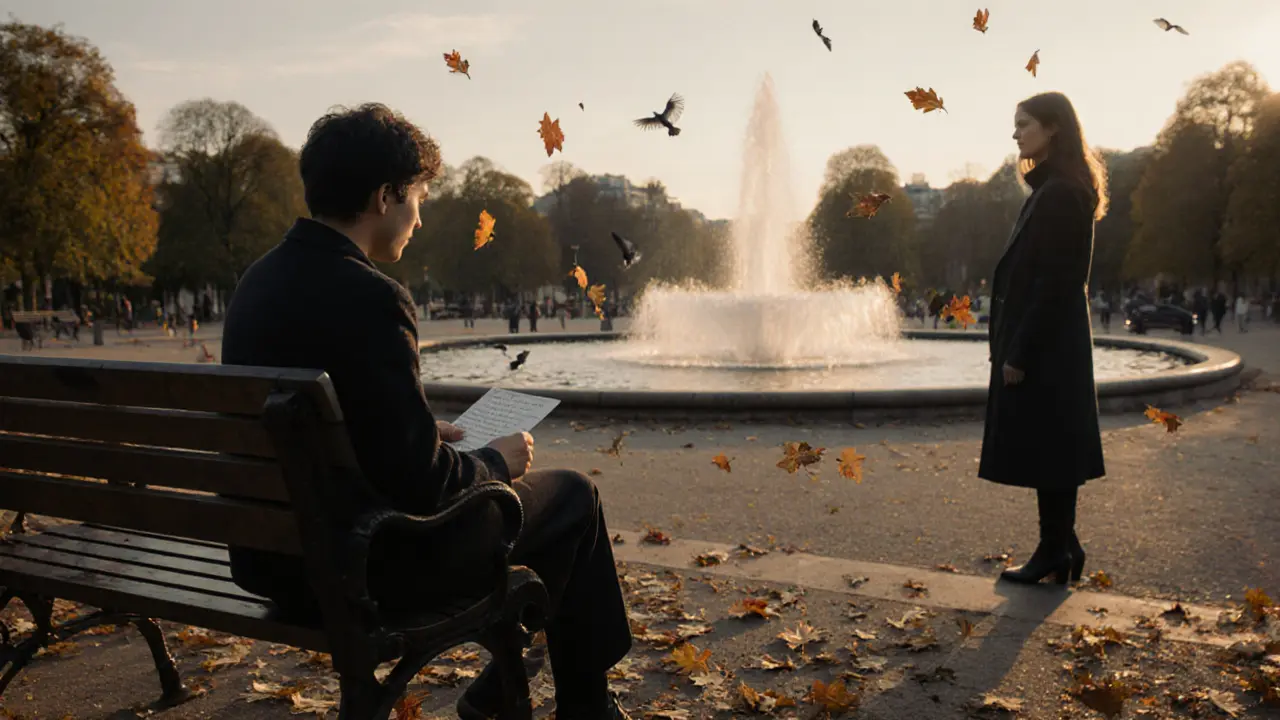 A person sits alone on a garden bench holding a note, companion nearby at sunrise in Luxembourg Gardens.