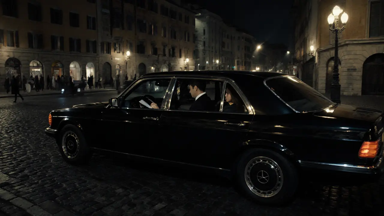 A private car glides through Milan at night, two passengers seated in quiet companionship.