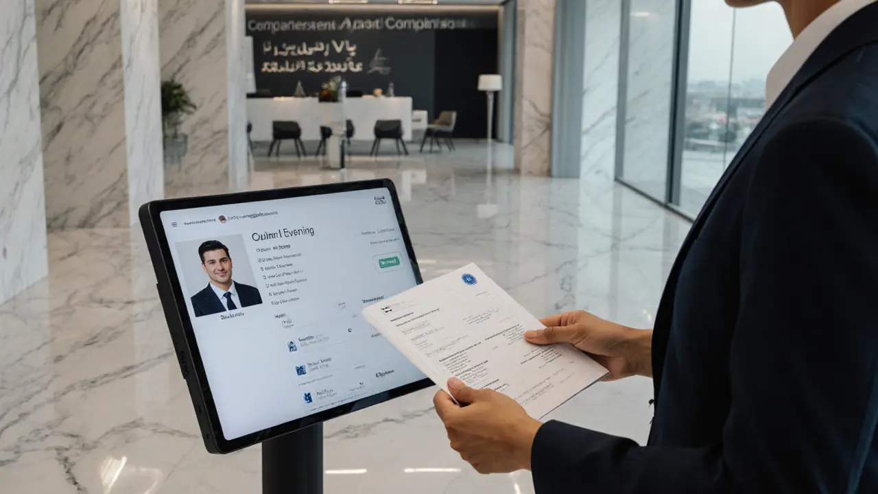 A professional agency office showing a verified client profile on a digital screen.