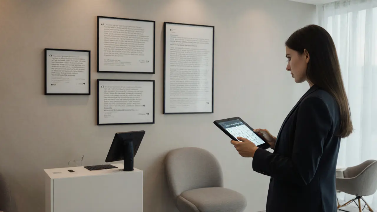 A professional escort agency office with a digital booking system and minimalist decor in Abu Dhabi.