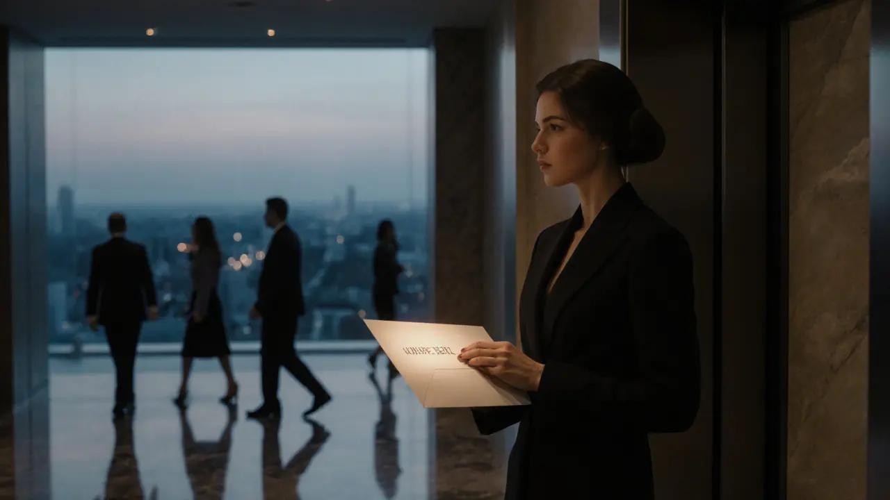 A professional escort waiting discreetly in a luxury hotel lobby, holding a confidential envelope.