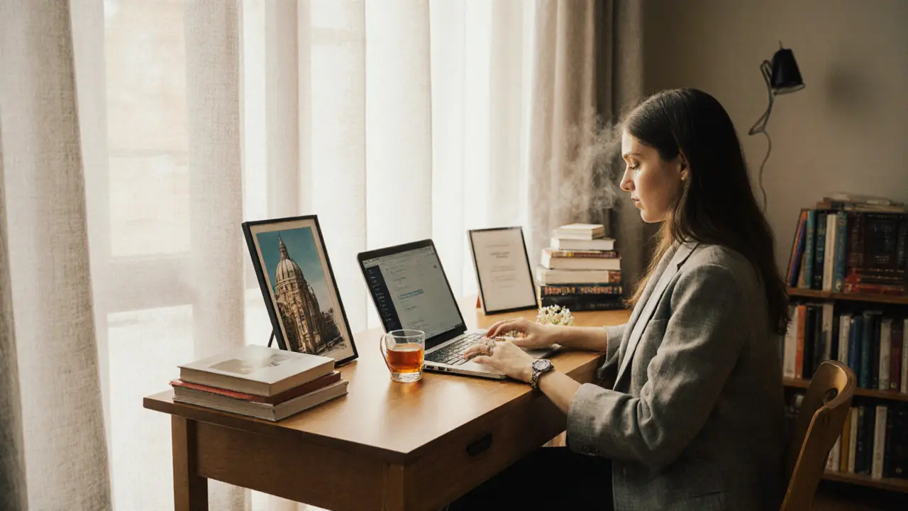 A professional woman works in a sunlit study surrounded by art books and a secure messaging app.