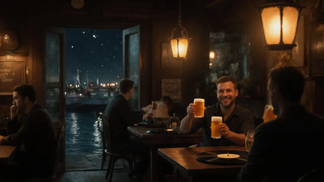 A quiet seaside bar at night with locals drinking beer by lantern light, no phones, just quiet conversation.