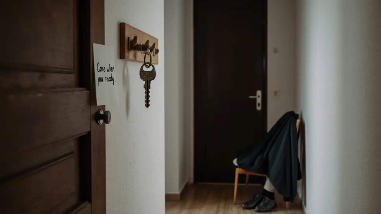 A simple hallway in a Berlin apartment with a key and note, hinting at a private, respectful meeting.