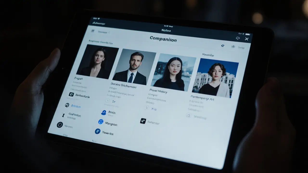 A sleek tablet displaying anonymized profiles of high-end companions with language skills and cultural interests, in a dark, refined setting.