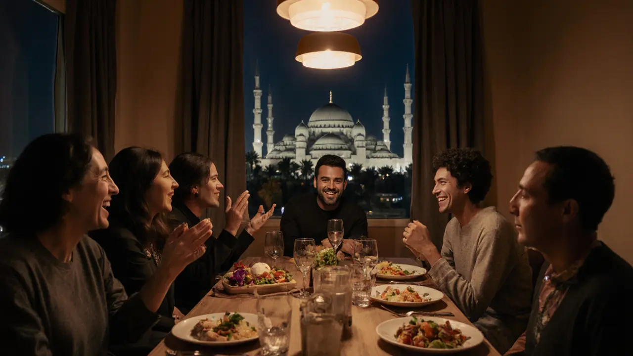 A small group of expats sharing a meal at a discreet dinner club in Abu Dhabi.