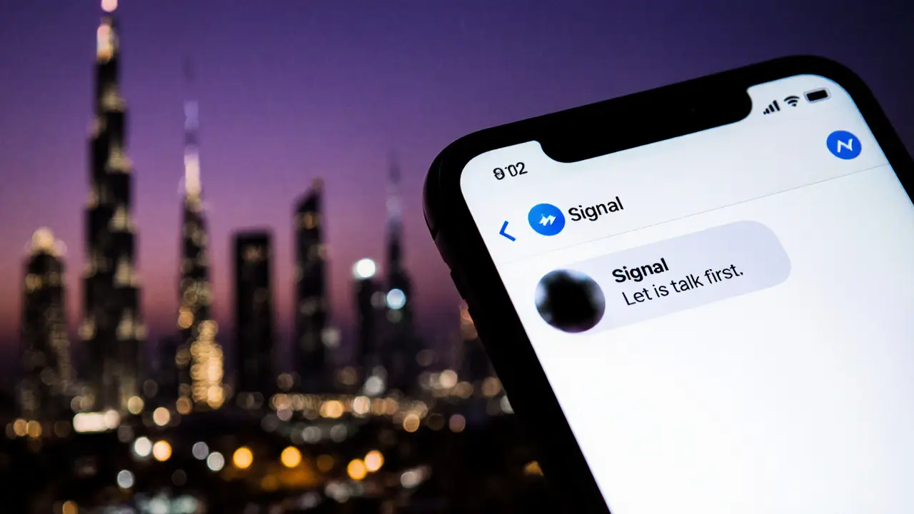 A smartphone screen displaying an encrypted message, with Abu Dhabi&#039;s skyline in the background.