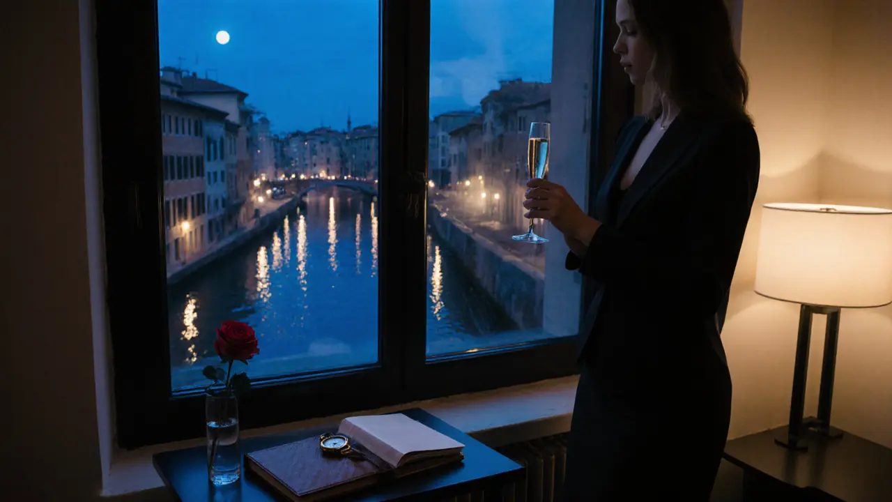 A sophisticated woman standing by a window in Brera, holding champagne as the Navigli canals glow below.
