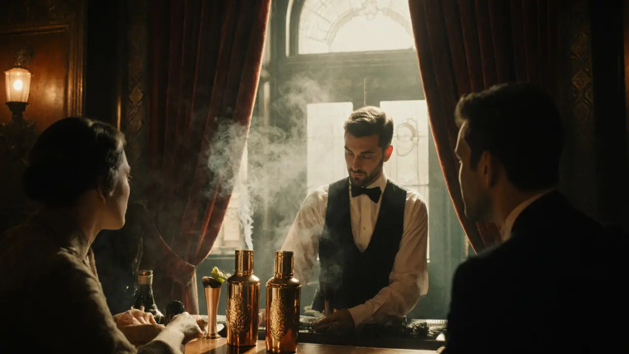A speakeasy bar with smoke rising from a cocktail being prepared tableside.