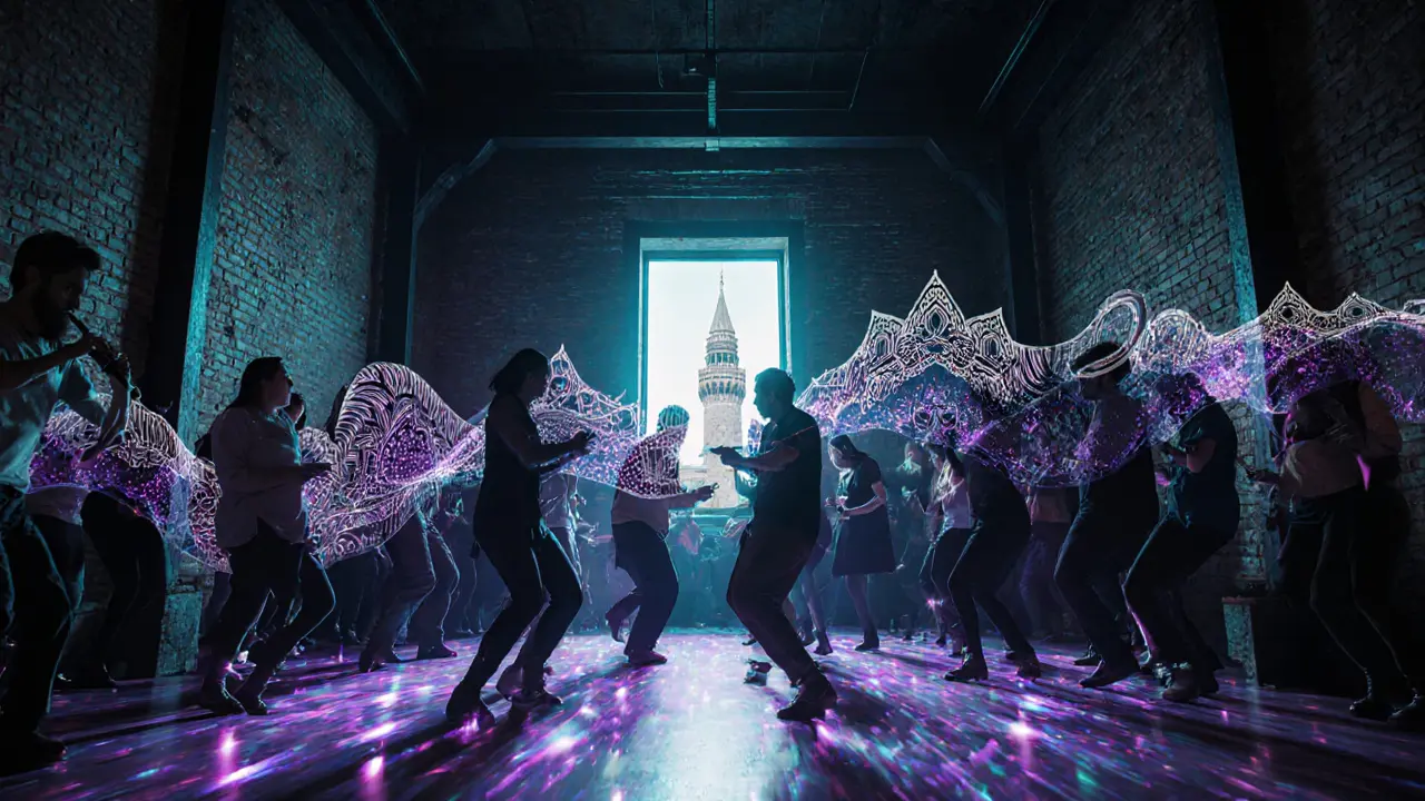 A vibrant club interior blending Ottoman architecture with electronic music visuals, dancers silhouetted under pulsing lights.