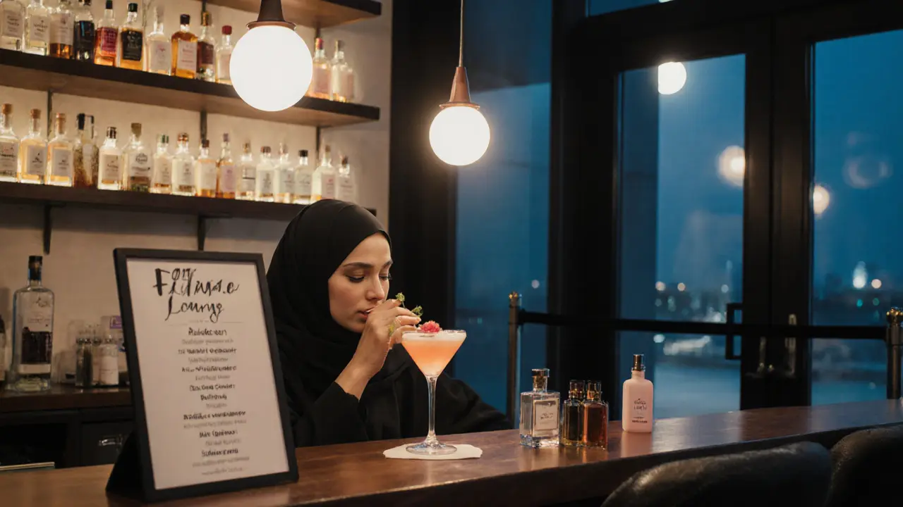 A woman sipping a rosewater cocktail at a quiet bar, surrounded by local female-owned brand samples.