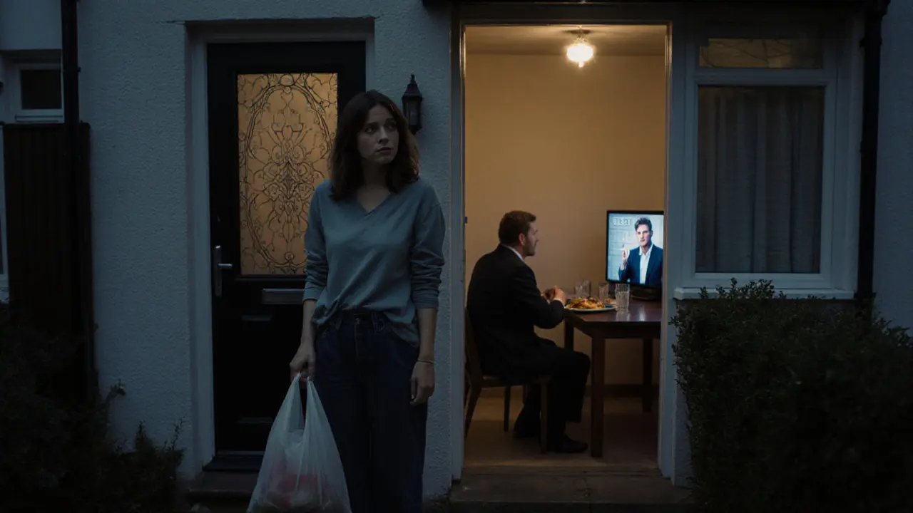 A woman stands outside a home at dusk, while a man watches TV inside—quiet emotional connection.