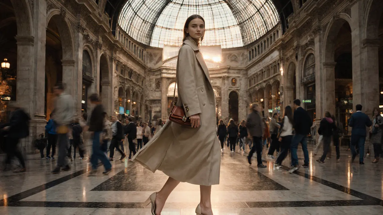 A woman walking confidently through Galleria Vittorio Emanuele II at golden hour, her reflection in the glass dome.