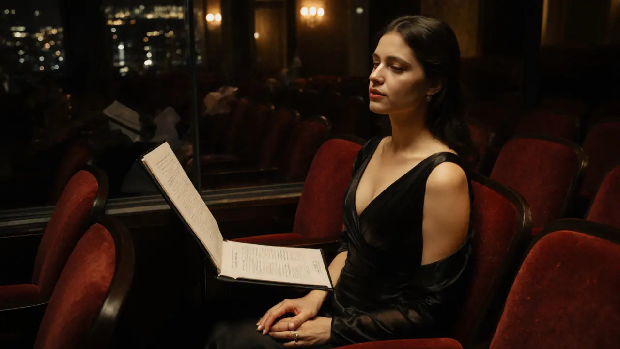 An empty chair beside a woman in an evening gown after a concert at the Berlin Philharmonic, with city lights glowing softly in the background.