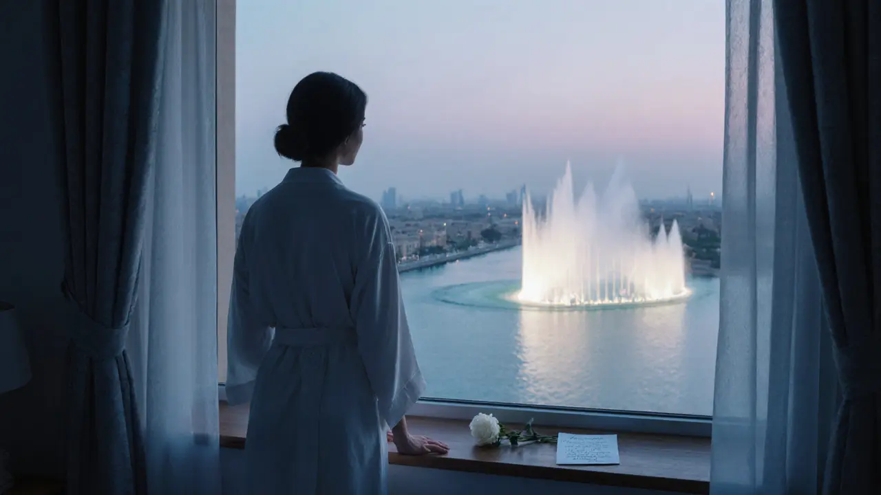 An escort stands alone by a window in a Jumeirah villa, gazing at the Dubai Fountain with a flower and note beside her.