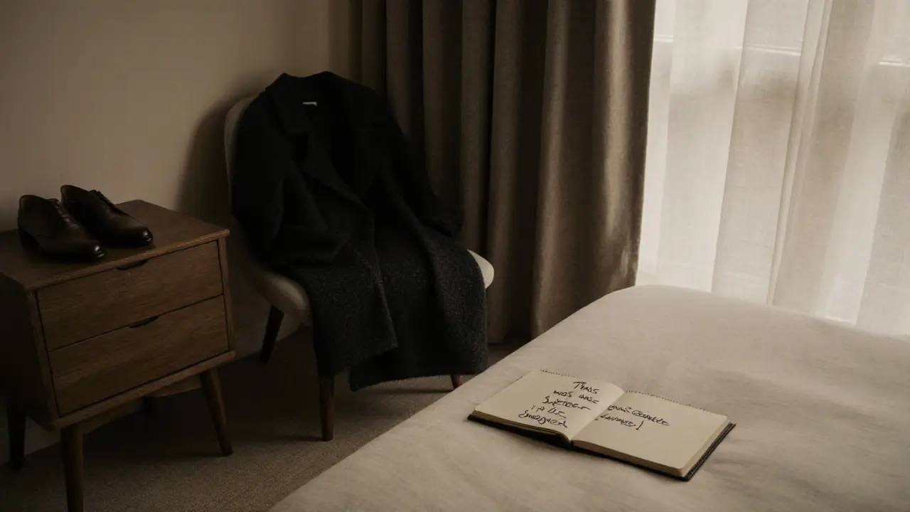 An open notebook with a handwritten note left on a nightstand in a quiet hotel room, coat and shoes nearby at dawn.