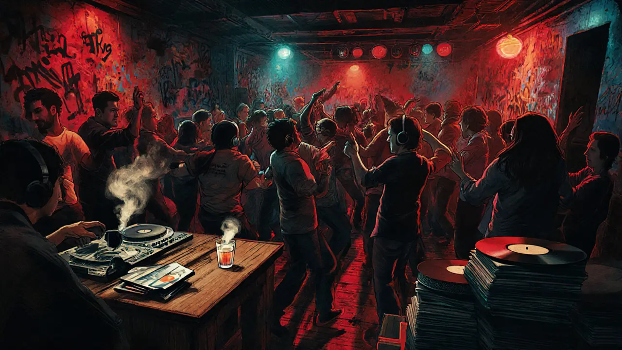 Basement club Babylon with graffiti walls and crowd dancing under neon lights
