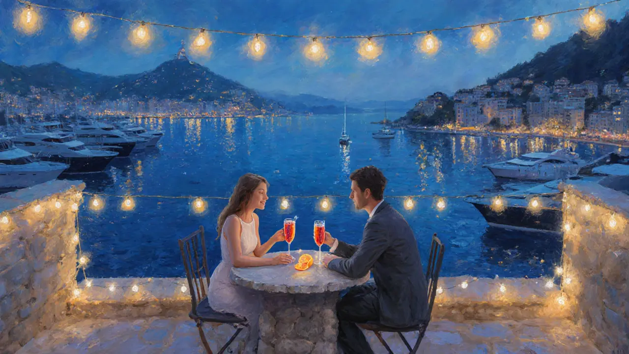 Couple on a fairy-light terrace overlooking Monaco&#039;s harbor at night with yachts reflecting lights.
