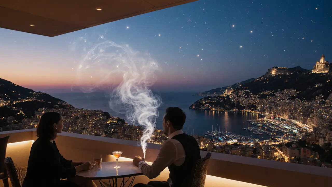 Couple on a rooftop terrace at dusk, overlooking Monaco’s glittering harbor under a twilight sky.