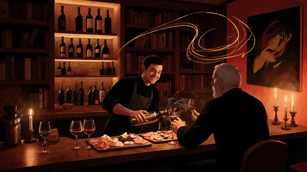 Cozy Brera bar with warm lighting, wine bottles, and a bartender serving a regular amid art-filled walls.