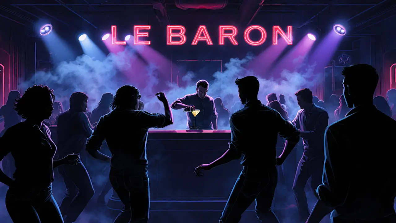 Crowd dancing in a sleek, moody nightclub with pulsing lights and atmospheric smoke.