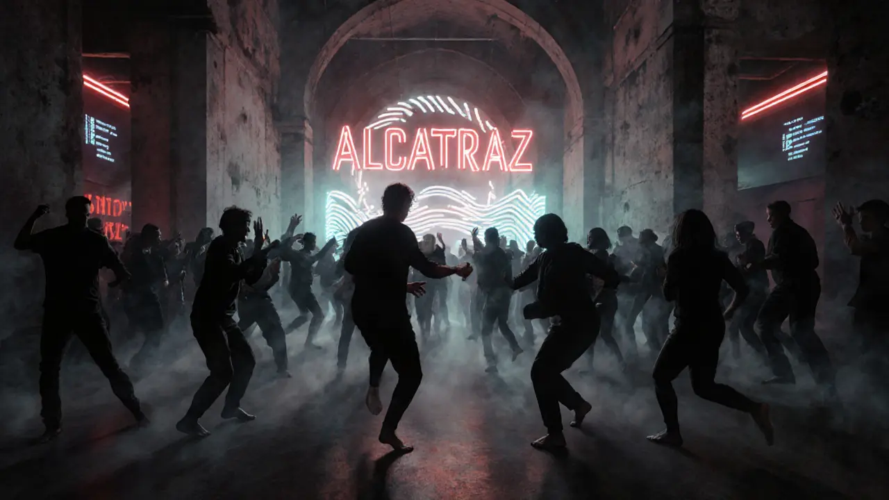 Crowd dancing in the underground techno club Alcatraz, concrete walls and strobe lights creating an intense atmosphere.