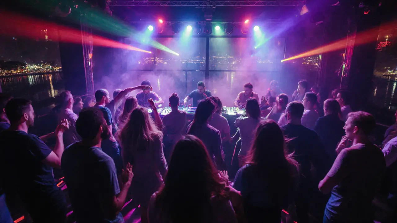 Crowd dancing under neon lights and strobes at Rock Star club, with harbor views and pulsing energy.
