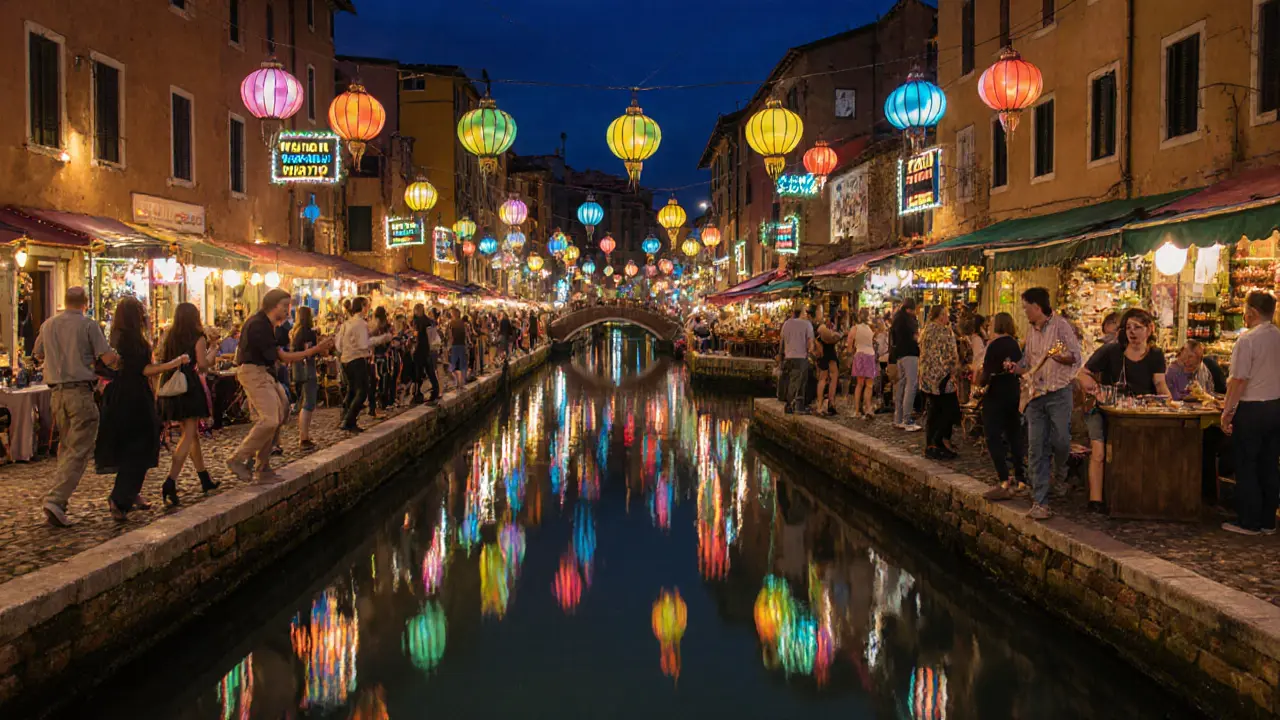 Crowds dancing along Navigli canal under colorful lights and live music at night.