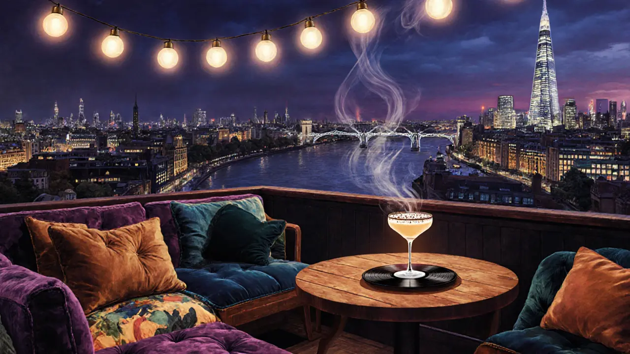 Eclectic rooftop terrace at The Standard with vinyl records, mismatched seating, and glowing cocktails overlooking London's skyline.