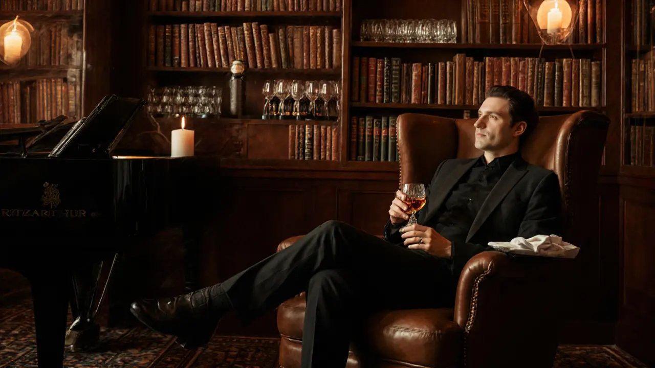 Elegant library bar with candlelit whiskey and vintage bookshelves