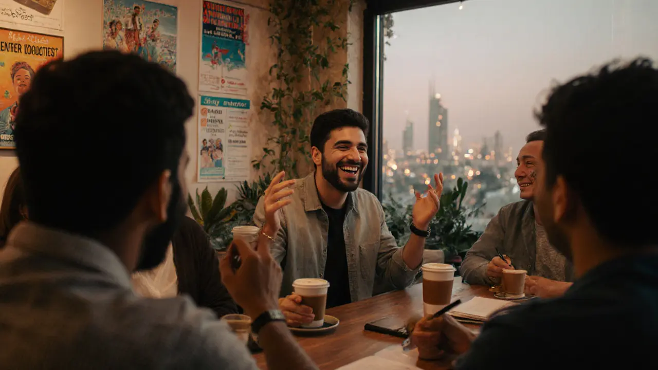Expats socializing at a casual café meetup in Dubai, enjoying coffee and conversation.