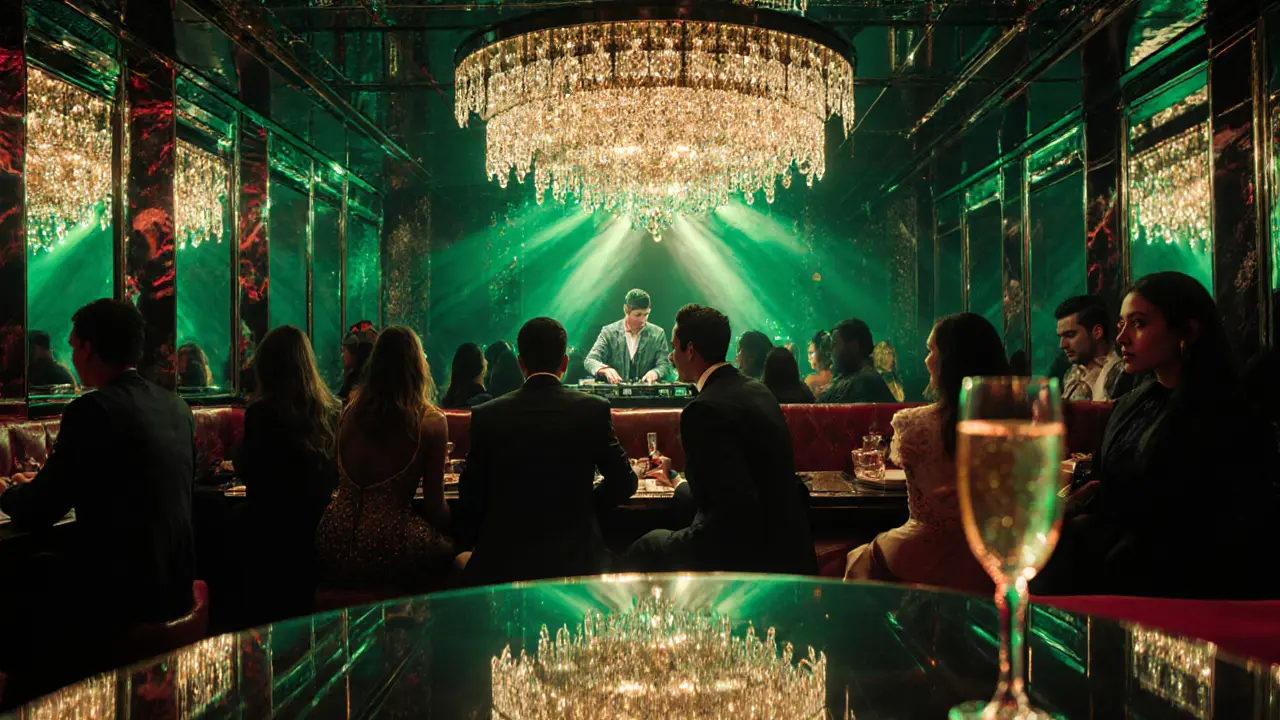 Glamorous nightclub interior with mirrored ceilings and elegantly dressed guests in Milan.