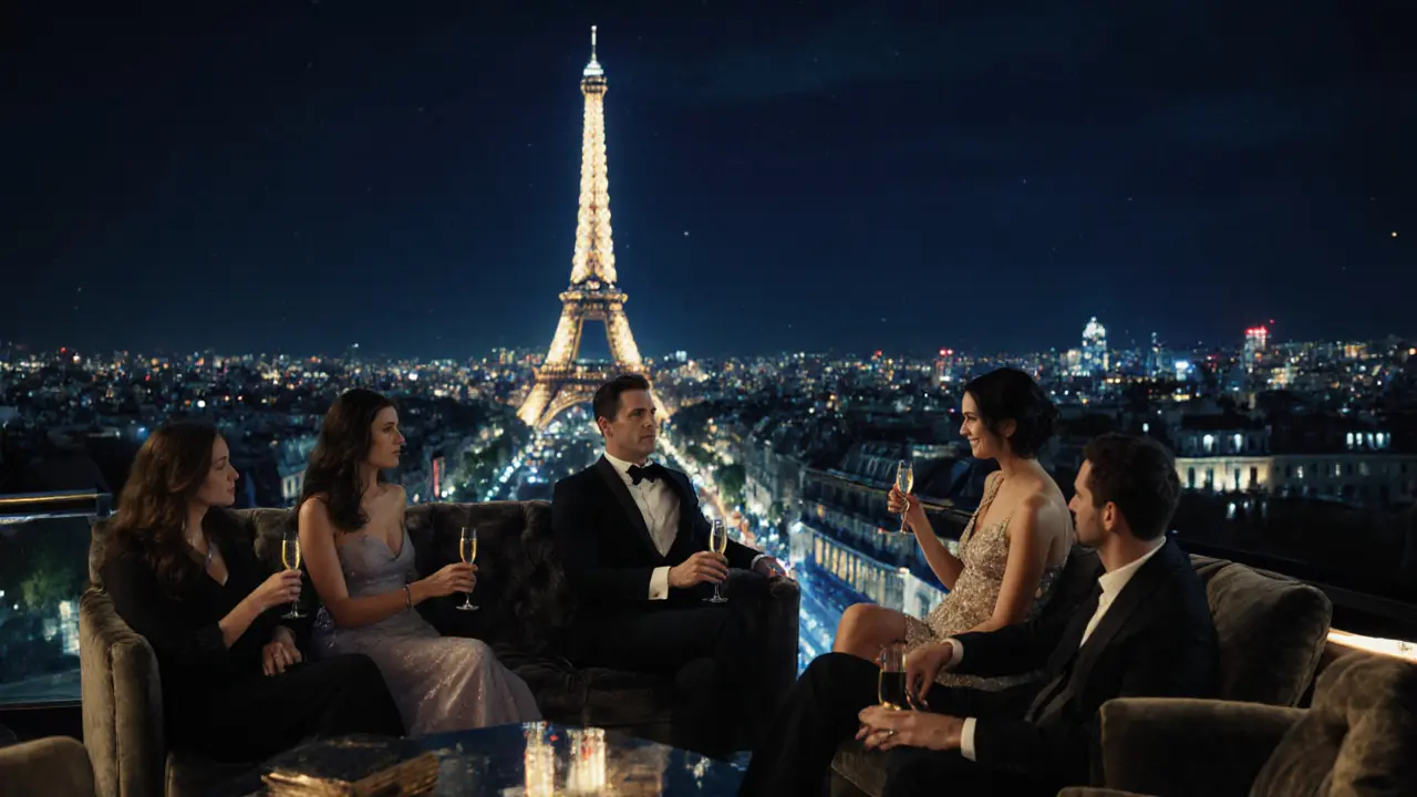 Group relaxing on a rooftop with the Eiffel Tower sparkling behind them at night.