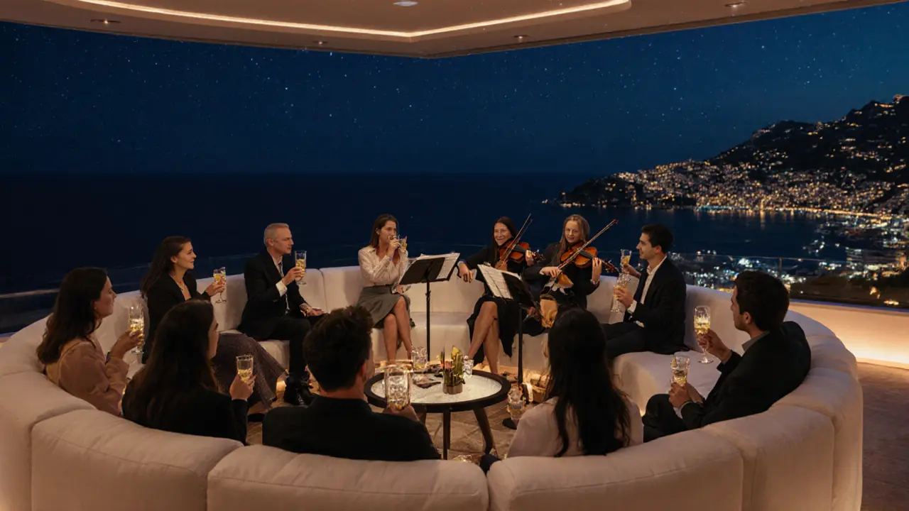 Guests on a luxury rooftop in Monaco, enjoying cocktails with the city lights glowing like stars below.