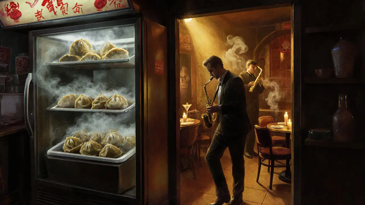 Hidden speakeasy behind a fridge door, transitioning from a takeaway to a jazz lounge