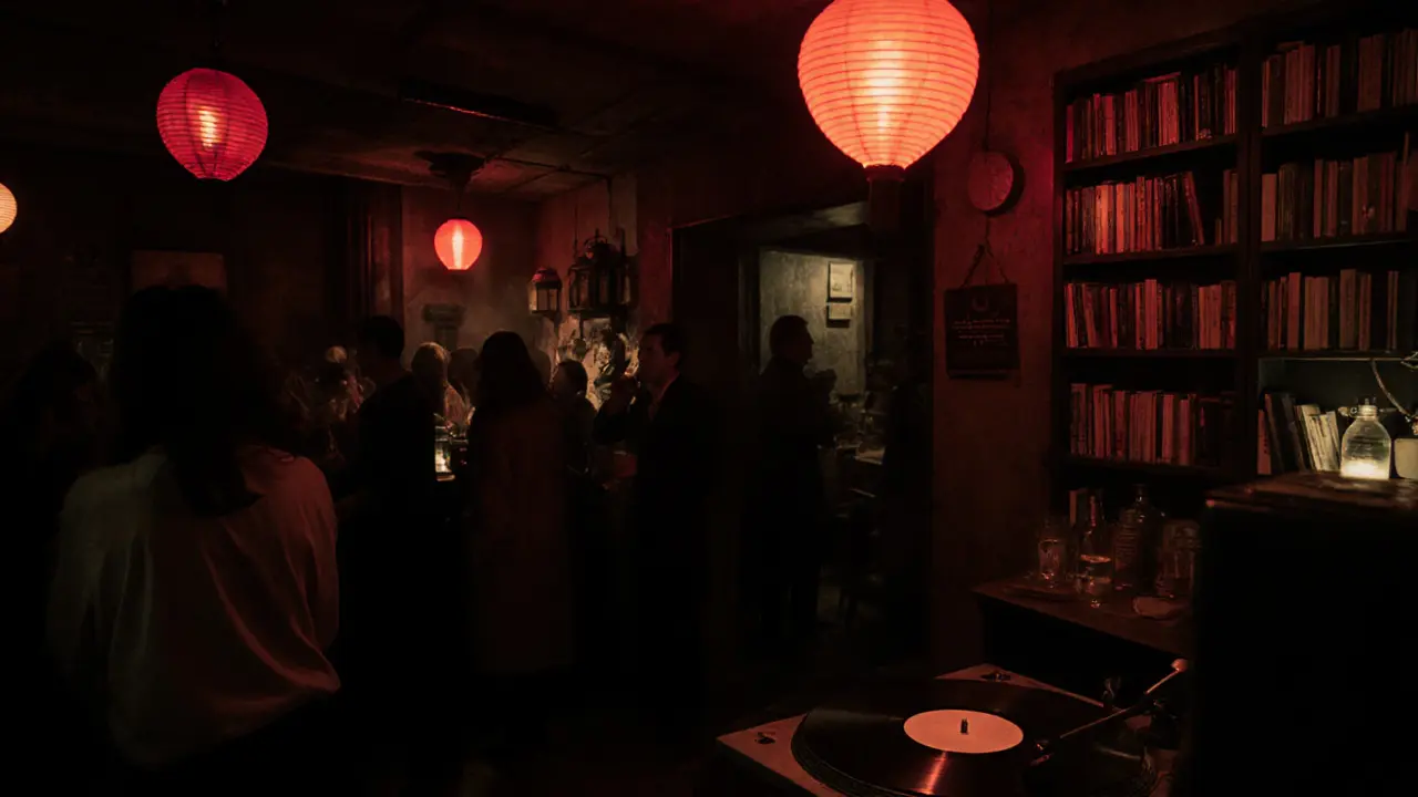 Hidden underground lounge with red lantern light, vinyl records, and intimate crowd in a converted submarine space.