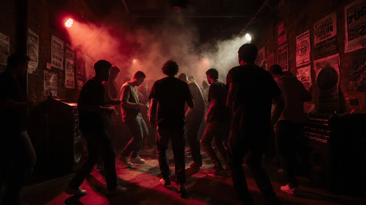 Inside La Scala club, dancers under dim red lights with vintage posters on brick walls.