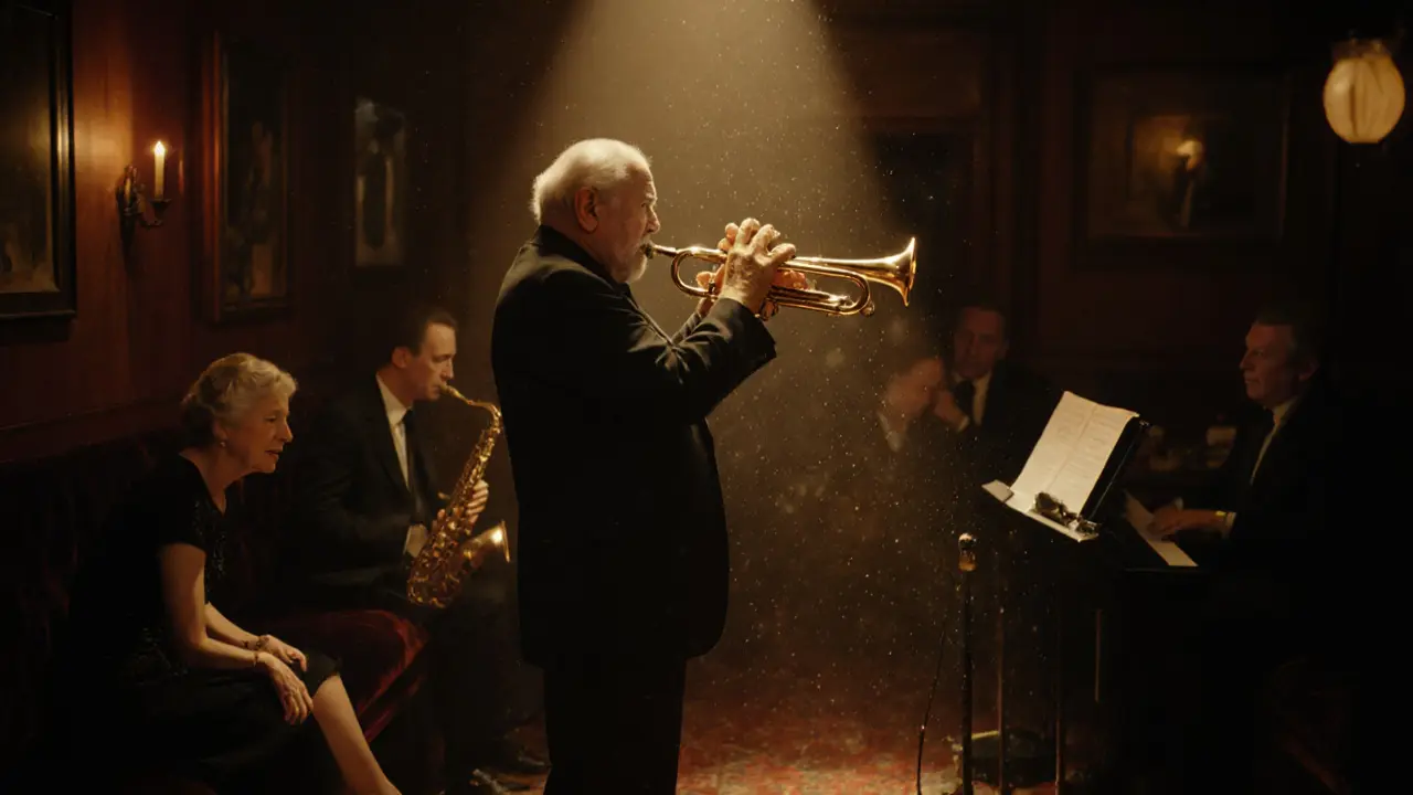 Intimate jazz performance in a velvet-lined lounge with an elderly trumpeter playing under soft amber lighting.