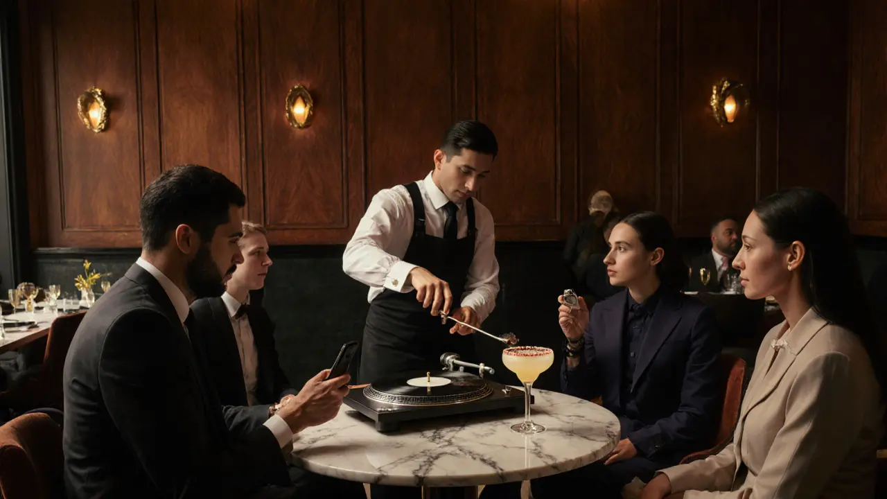 Intimate lounge with jazz turntable and mixologist crafting cocktails